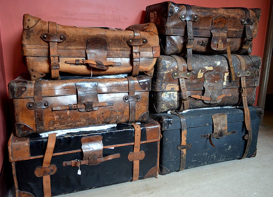 pila, surtido, baúles, equipaje, cuero, maleta, maleta de cuero, usado, maleta vieja, viajes