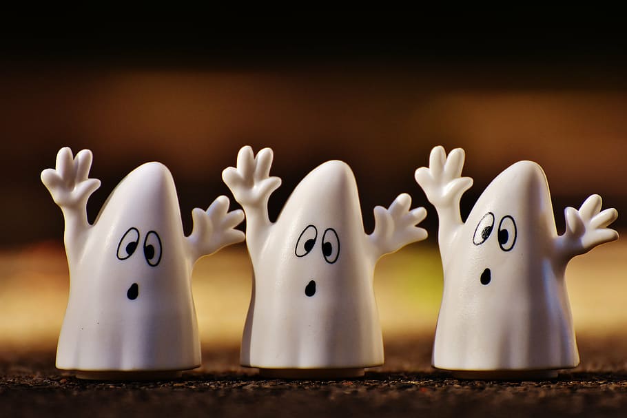 three, white, ghost plastic figures, halloween, ghosts, happy halloween, ghost, autumn, october, mood