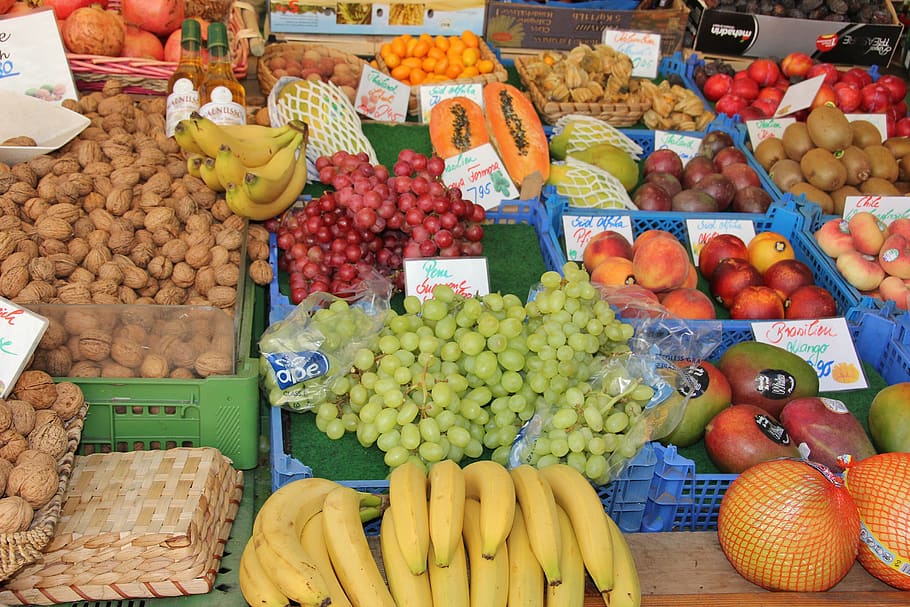 mercado, venta final, puesto, venta, fruta, postre plátano, comida, bazar, acciones, stand