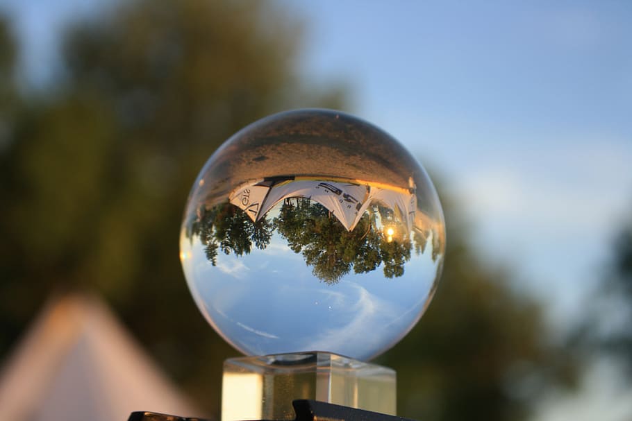 crystal ball, reflection, crystal, sphere, ball, globe, round, close-up, nature, focus on foreground