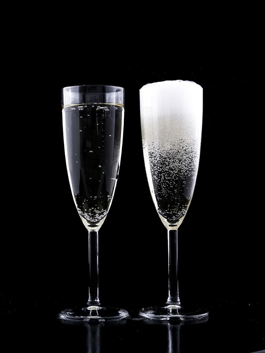 two, clear, wineglasses, filled, liquids, eve, drink, crystal, festive, glass