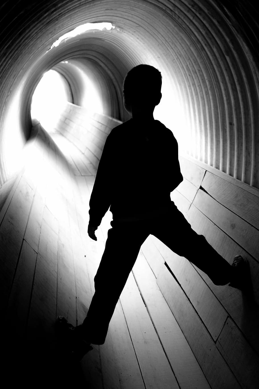 silhouette, boy, standing, tunnel, black and white, child, climbing, future, light, playing