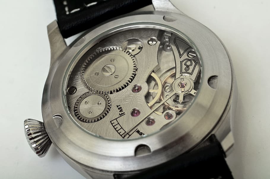 round silver-colored skeleton, watch, black, leather, strap, the mechanism of, clock, time, mechanics, accuracy