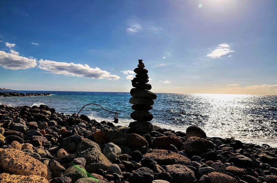 Sombra, Piedra, Equilibrio, Mar, Playa, contra la luz, sol, silueta, naturaleza, cielo