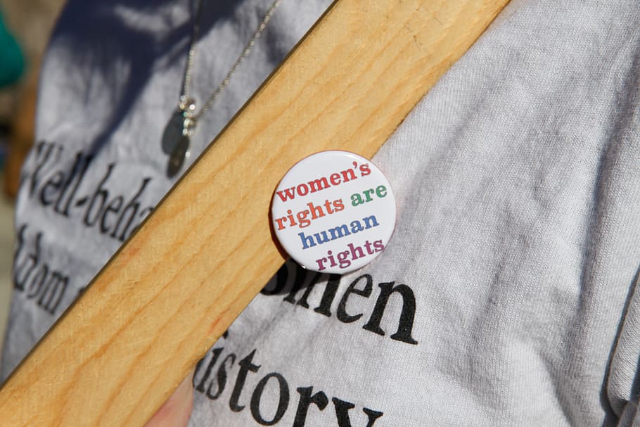 person, wearing, white, women, rights, human, rights pin-back buttons, women's march, marching, woman