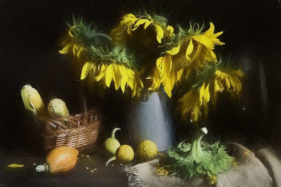 yellow, petaled flowers ceterpiece, Painting, Oil, Oil Painting, Photo, painting, photo painting, art, artwork, creative