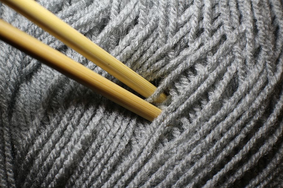 grey, yarn, wooden, needls, needle, knit, hand labor, hobby, wool, knitting