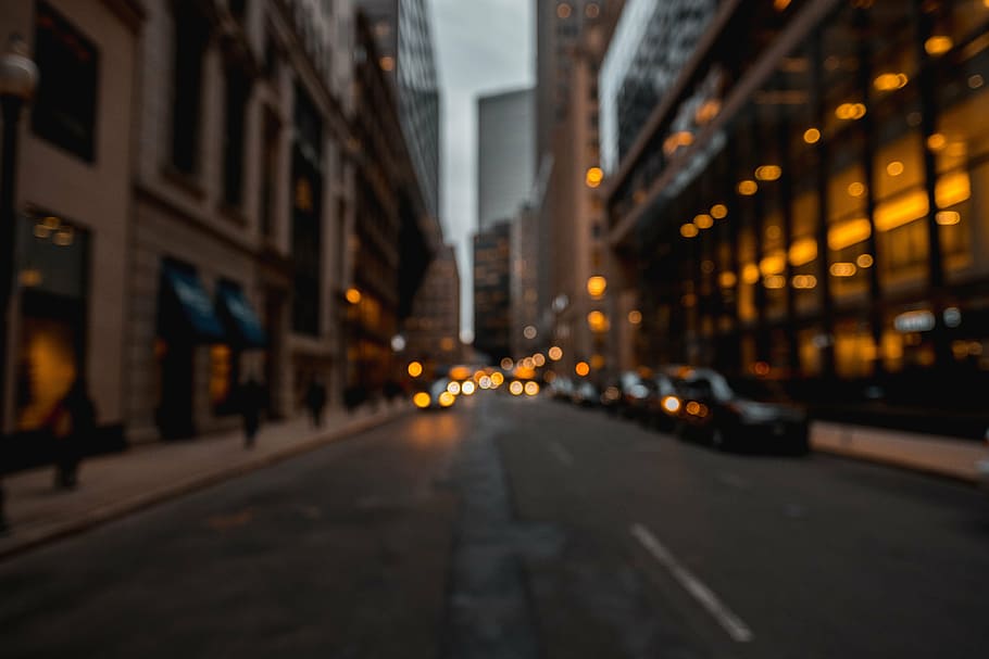 blur photography, vehicle, parked, roadside, buildings, dusk, architecture, infrastructure, street, road
