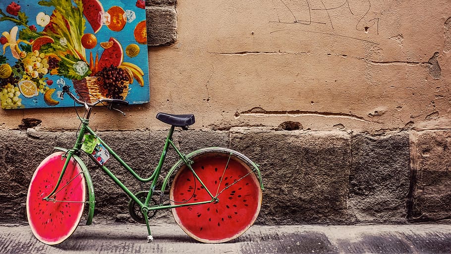 building, wall, bike, bicycle, fruits, frame, watermelon, design, art, wall - building feature