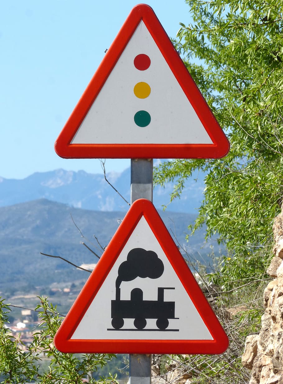 level crossing, signal, railway, train, road, warning, triangle, traffic, sign, road sign