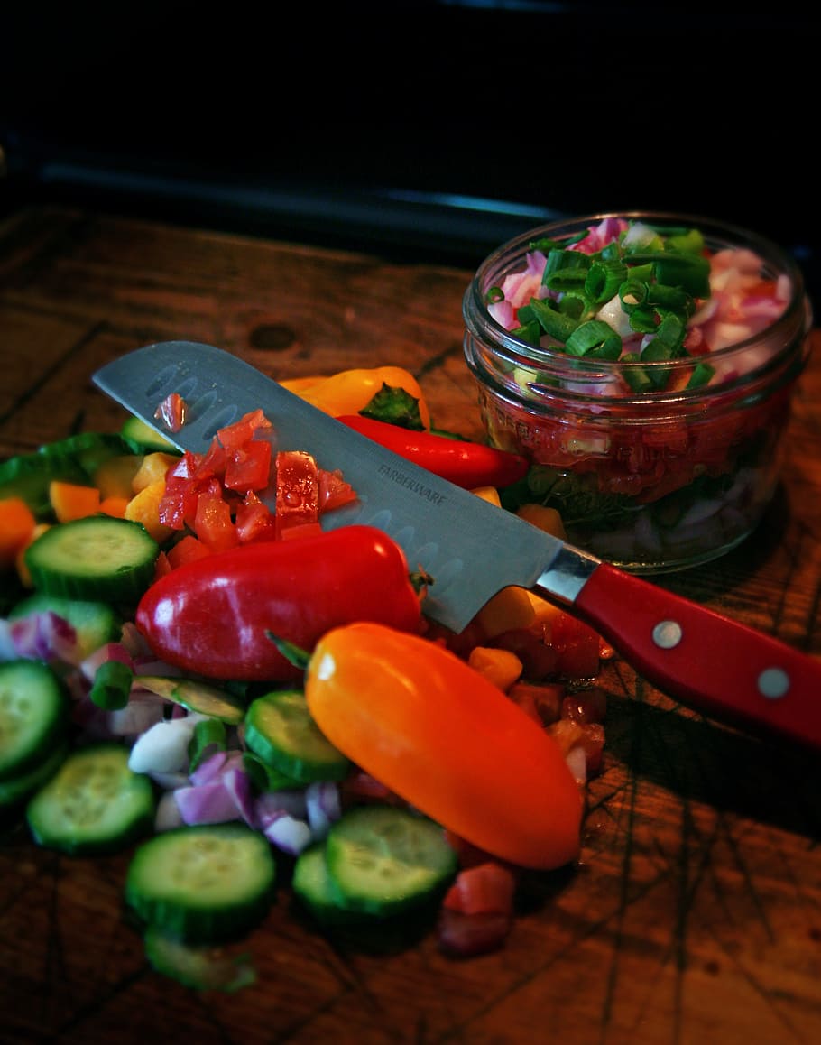 sliced, vegetable, chopping, board, knife, veggies, vegetarian, food, healthy, fresh