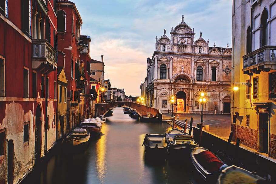 sunset shot, captured, venice, italy, Sunset, shot, Venice, Italy, urban, canal, architecture