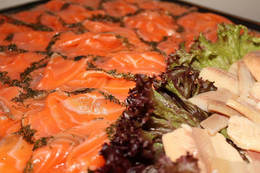 red, salmon meat, lettuce, Lots, red salmon, meat, dinner, fish, public domain, veggies