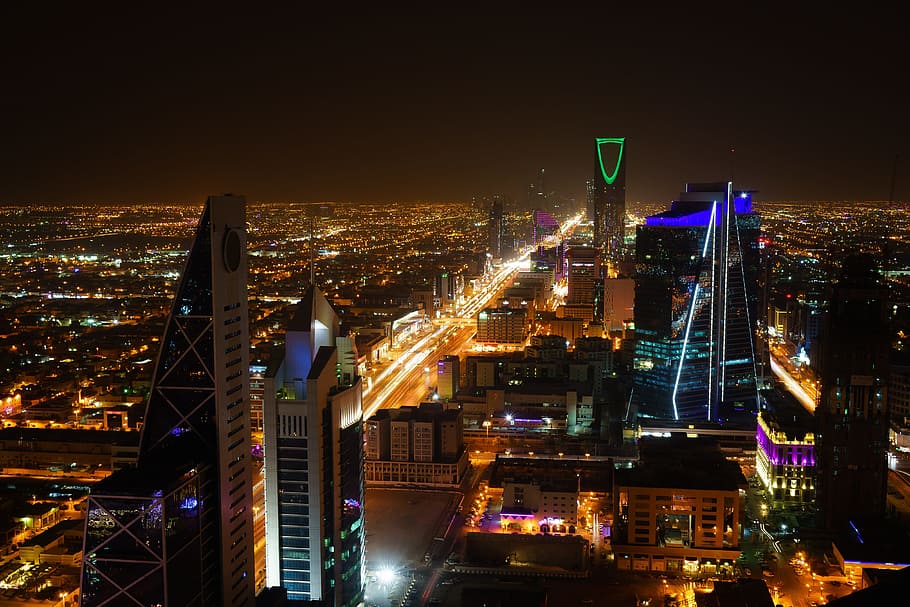 cityskyline during nighttime, Riyadh, Saudi Arabia, City, Night, lights, illuminated, dusk, cityscape, urban Scene
