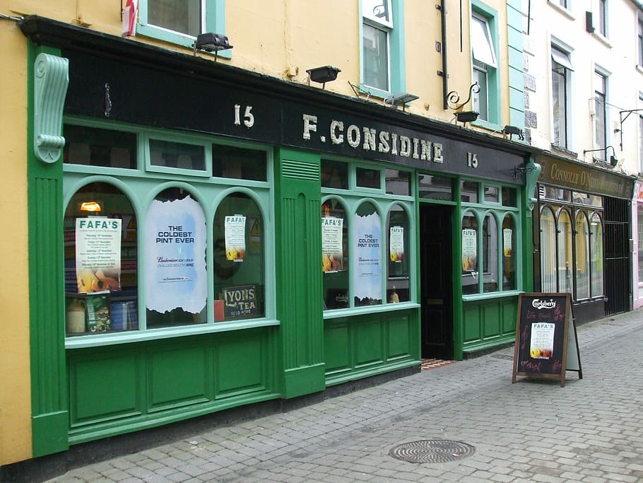 Pub irlandês, frente, irlanda, bar, frente bar, bar considine, janela, exterior do edifício, arquitetura, café