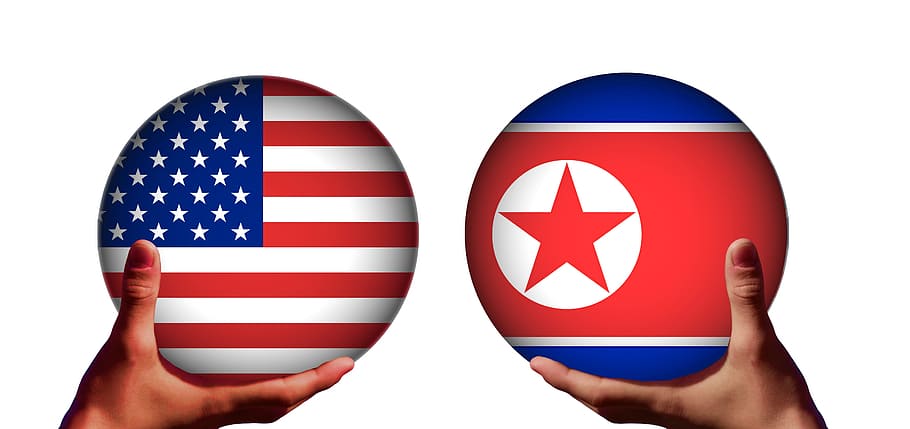 dua, tangan, memegang, bendera Amerika, wallpaper bendera, amerika serikat, korea utara, konflik, truf, kim jong-un