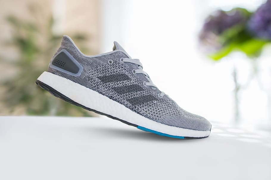 selective, focus photography, unpaired, grey, white, adidas shoe, surface, adidas, pureboost, purebost dpr