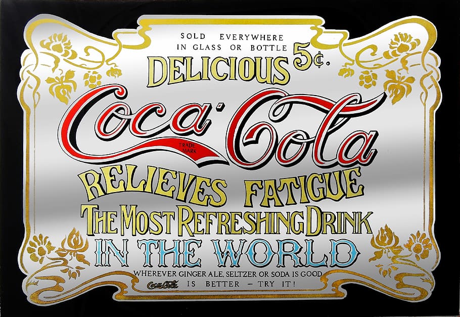 delicioso, coca-cola, alivia, cartel de fatiga, publicidad, coca cola, cola, espejo, antiguo, cartel publicitario