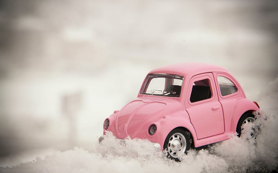 pink, volkswagen beetle, compact, car die-cast, selective, focus photography, the postcard, gift, valentine, for you