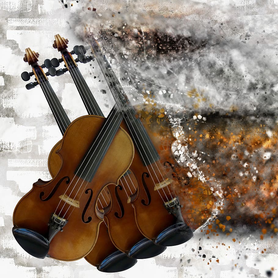 brown violin, violin, explosion, music, artistic, digital art, splatter, string instrument, musical instrument, arts culture and entertainment