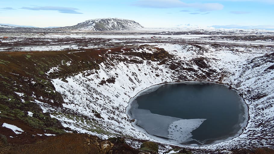 iceland, kerid, crater, volcanic crater, snow, cold temperature, winter, scenics - nature, frozen, water