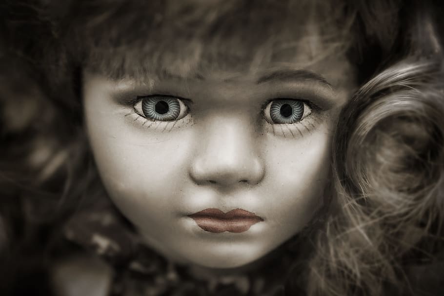 blond, haired girl doll, close-up, creepy, cute, doll, face, portrait, child, childhood