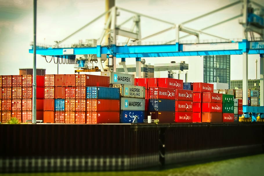 red, blue, ship containers, daytime, port, inland port, rhine, crane, düsseldorf, loading crane