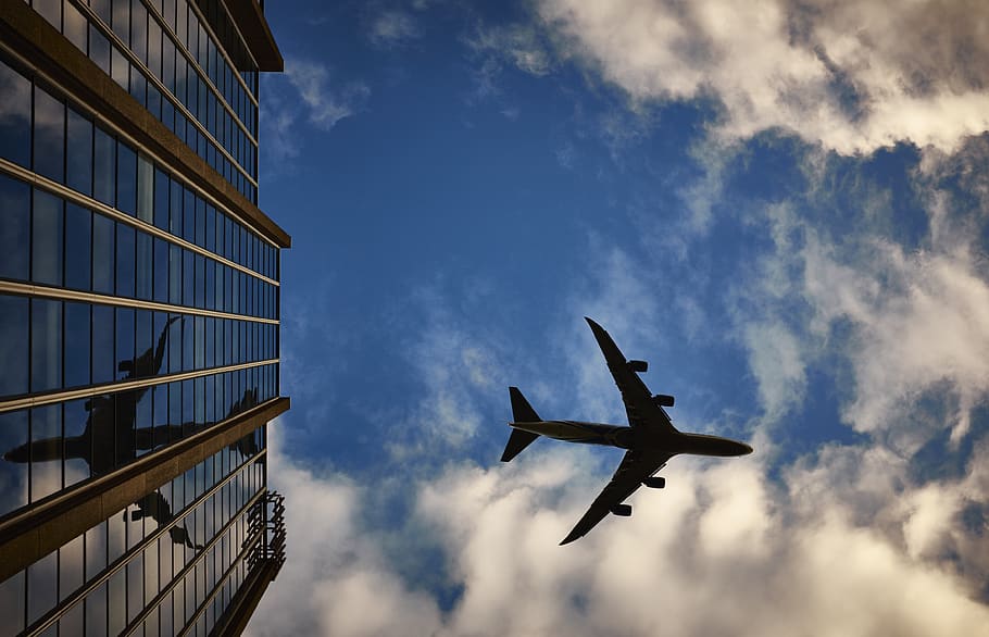 avião, viagem, transporte, azul, céu, nuvens, sombra, edifício, arranha-céus, janelas