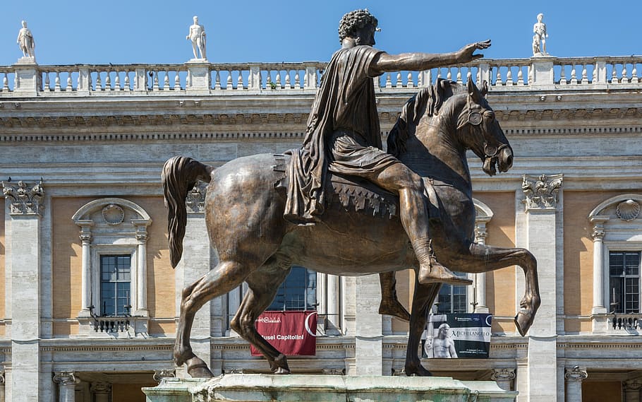 brown horse statue, rome, capitol square, marcus aurelius, conservative palace, monument, capitol hill, sculpture, architecture, statue