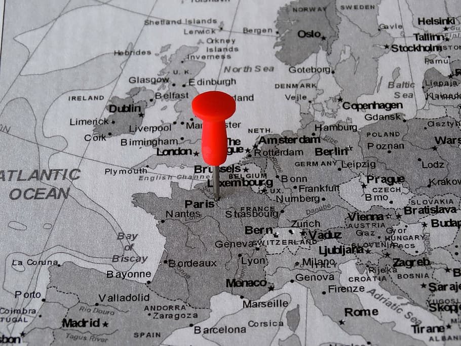 red, pin, atlantic ocean map, atlas, map, paris, meeting point, destination, capital, text