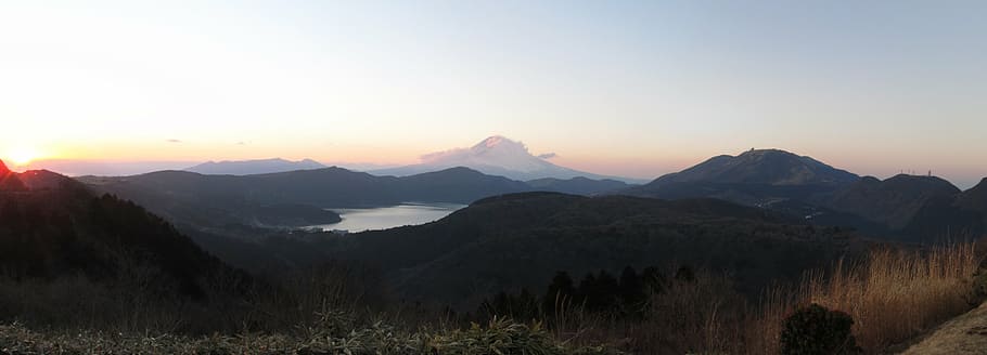 silhouette photo, mountains, hakone, japan, lake, mount fuji, sunset, panorama, mountain, sky