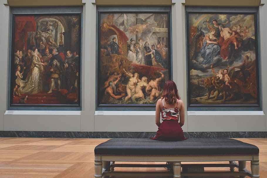 여자, 좌석, 의자, 직면, 세, 모듬, 그림, 장착 된, 벽, 미술