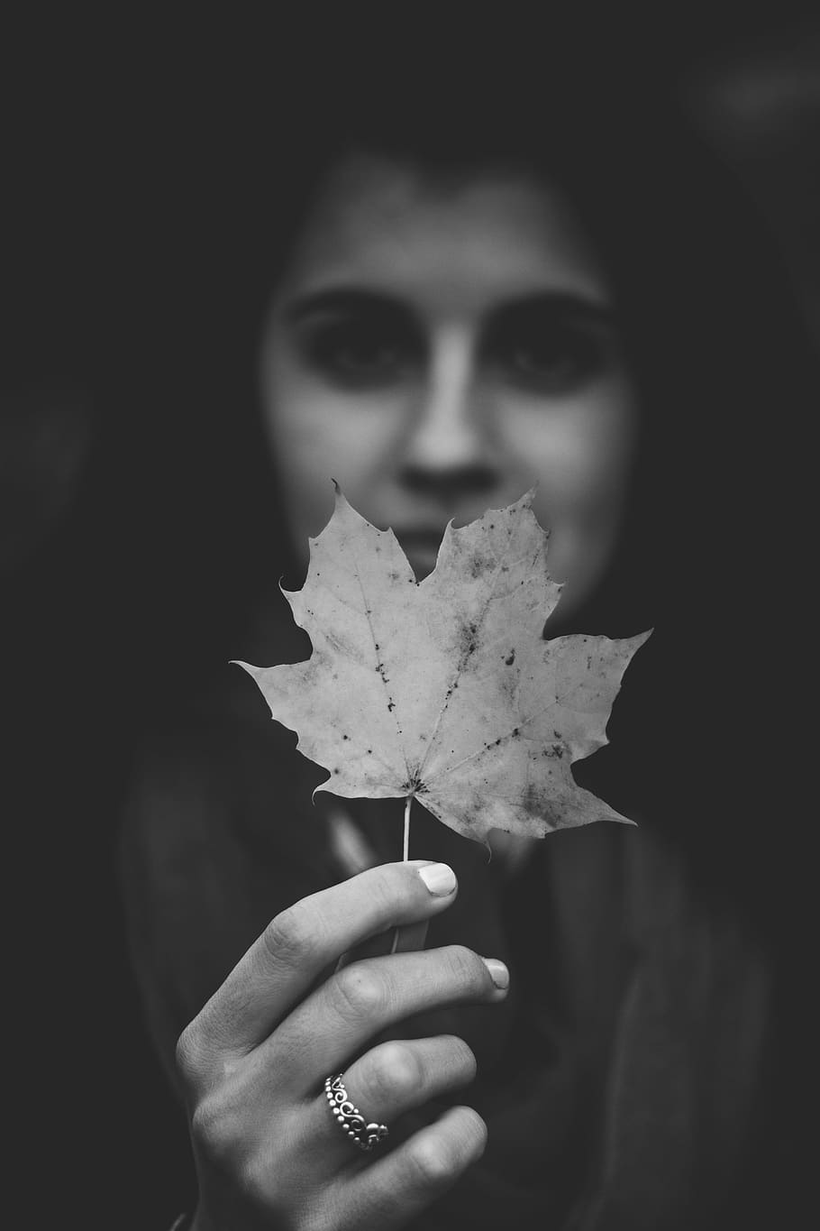 person, holding, maple leaf, people, woman, portrait, black, white, black and white, monochrome