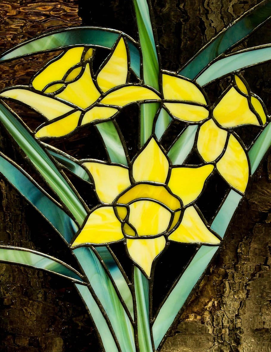 Stained Glass, Window, Yellow, Flowers, stained glass, window, pattern, daffodils, colorful, color, decoration