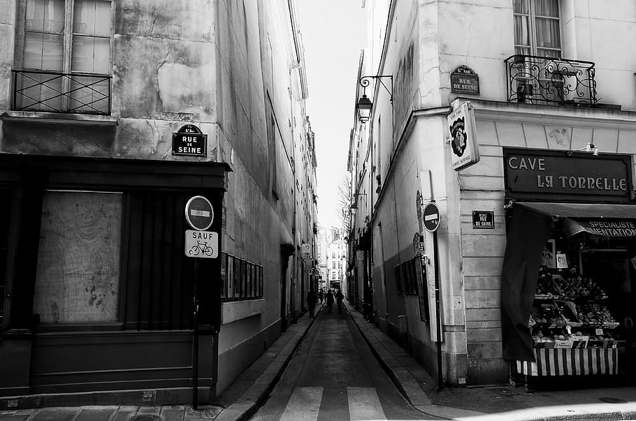 gray, scale photo, building, paris, france, buildings, city, alley, walkway, street