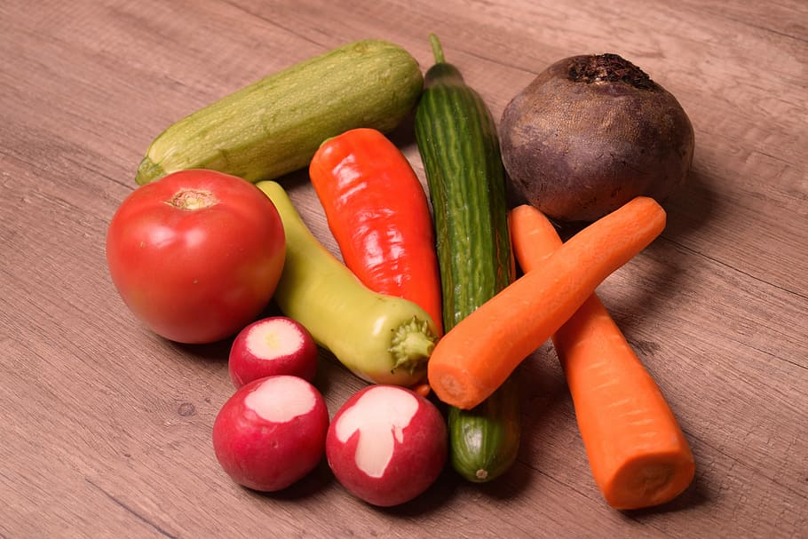 盛り合わせ, 野菜, 茶色, 木製, テーブル, 食品, 健康, フルーツ, ダイエット, 栄養