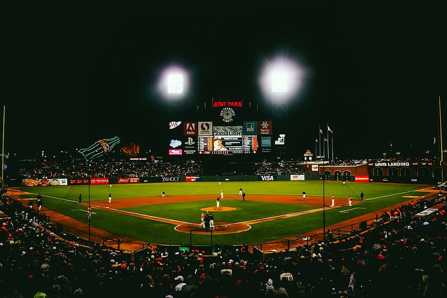 open, lighted, baseball stadium, nighttime, san francisco, california, giants, baseball, at t park, stadium