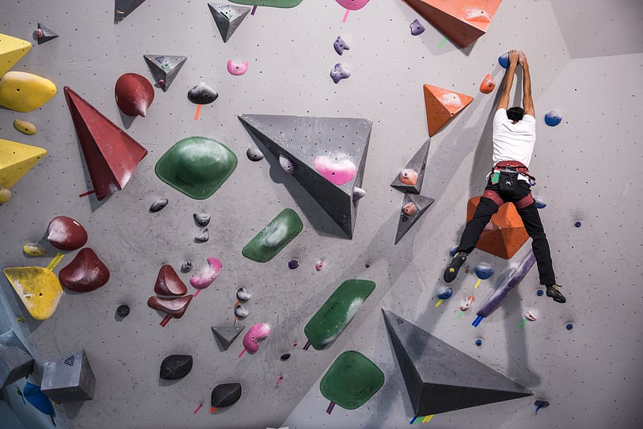 indoors, rock, climbing, person, sport, exercise, fitness, fun, wall, ropes