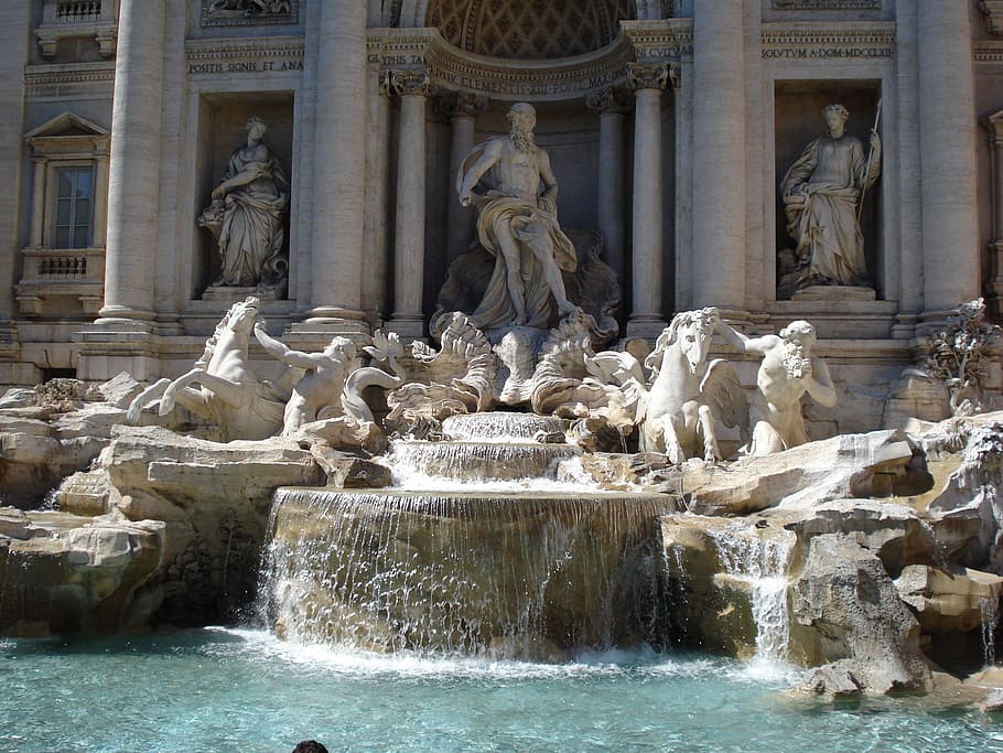 trevi fountain, rome, daytime, fountain radicchio, italy, antique, sculpture, fountain, art and craft, statue