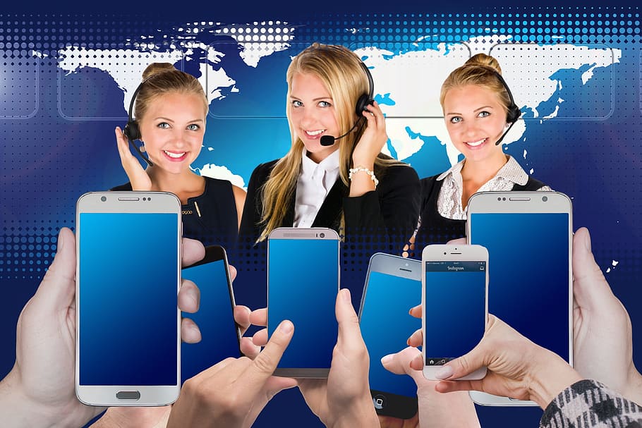 several smartphones, call center, headset, woman, service, consulting, information, talk, continents, global