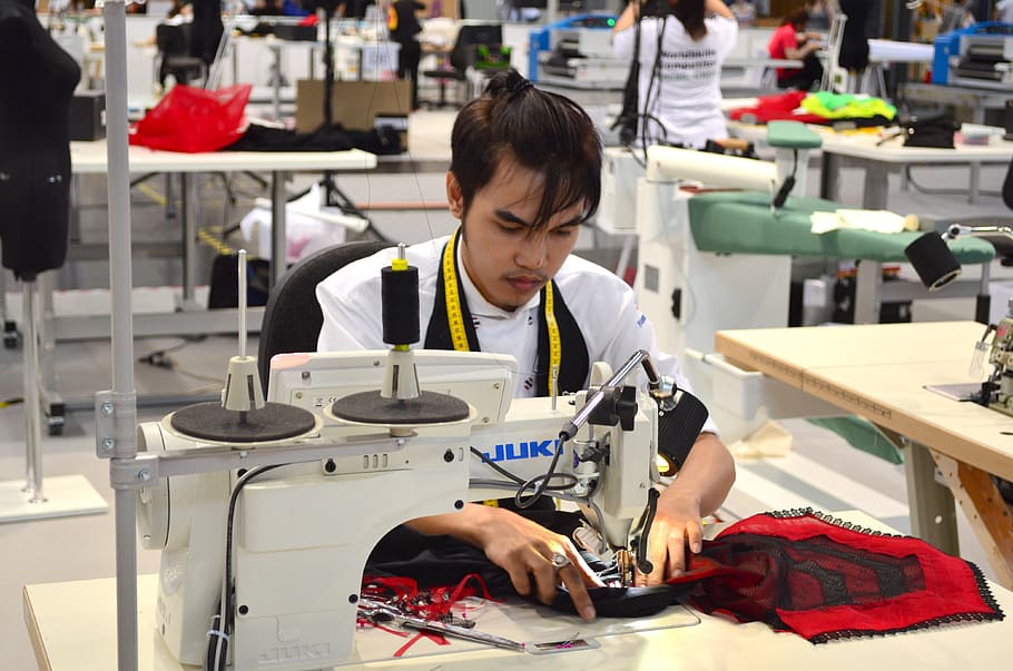 man sewing, using, juki, electronic, sewing machine, schneider, closer, work, craft, one person