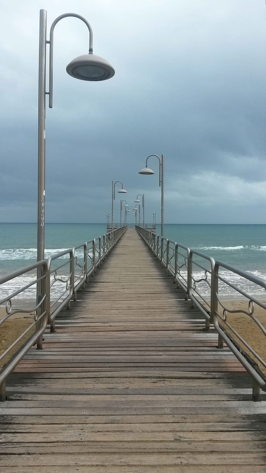 brown, wooden, dock, grey, cloudy, skies, sea water, web, boardwalk, sea