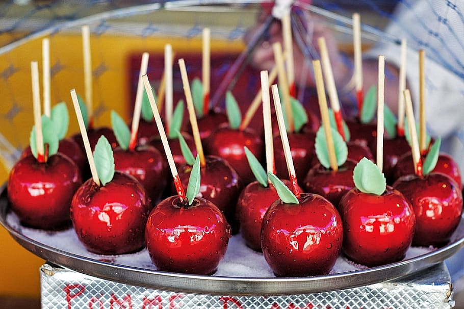 bunch, sweets, stick, Candied Apples, Sweet, D'Amour, pommes d'amour, caramel, glazed, treat