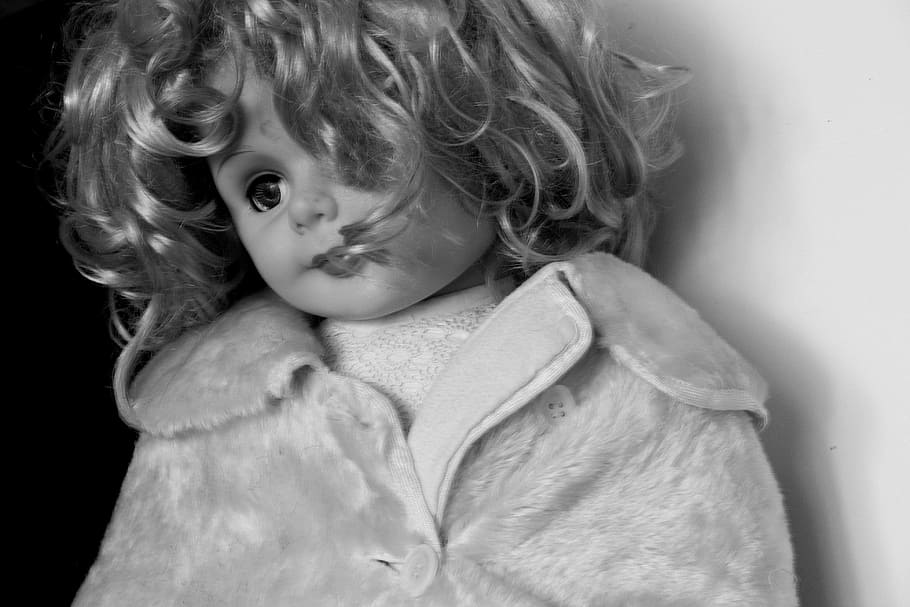 Muñecas, niñas, juguetes, niños, bebés, inocentes, lindos, adorables, pequeños, en blanco y negro
