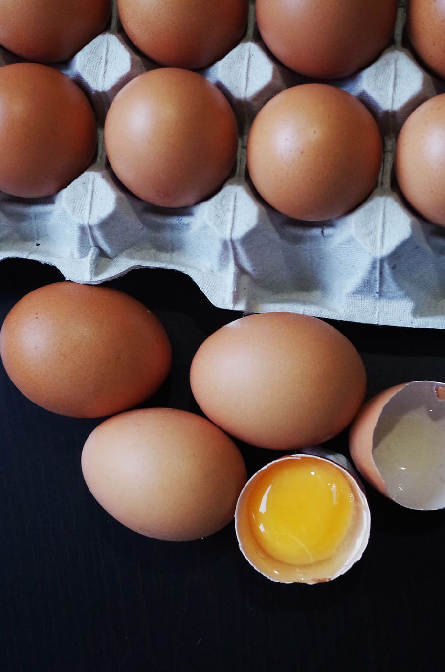 ovos, recipiente, marrom, gema, clara de ovo, quebrado, alimentos, ovo, café da manhã, cru alimentos