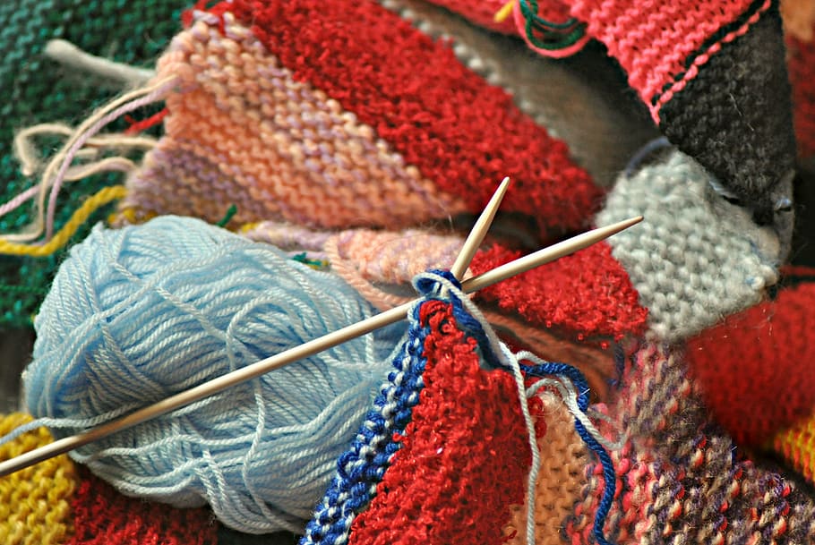 vermelho, branco, azul, fios, tricô, agulha de tricô, malha, malhas, lã, fio