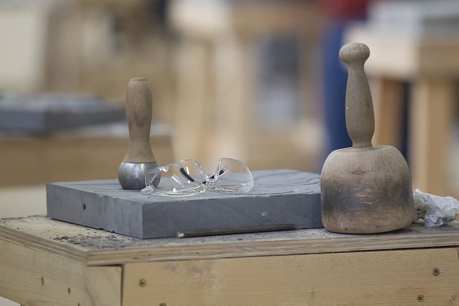craft, stone, tools, wood - material, focus on foreground, day, metal, art and craft, close-up, outdoors