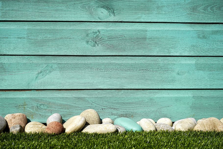 beige, stones, grass, green, painted, wall, fence, yard, wooden, design