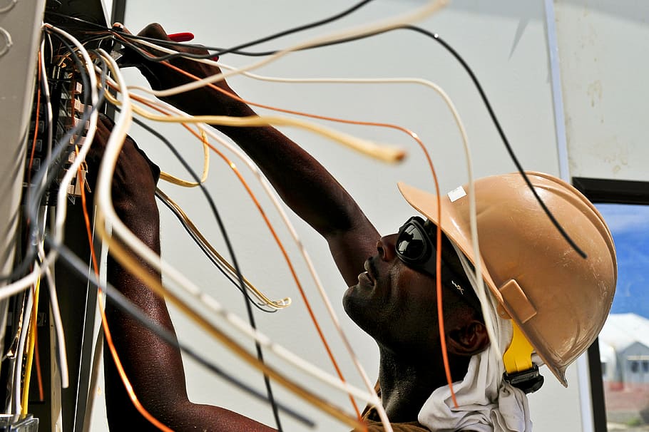 man, brown, safety helmet, wearing, sunglasses, electrician, wires, worker, wiring, electrical