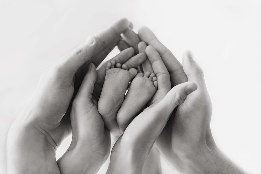 grayscale photo, human, hands, baby feet, baby, newborn, family, human hand, human body part, hand